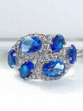 STAINLESS STEEL Simulated Bright Sapphire Cubic Zirconia Cluster Ring